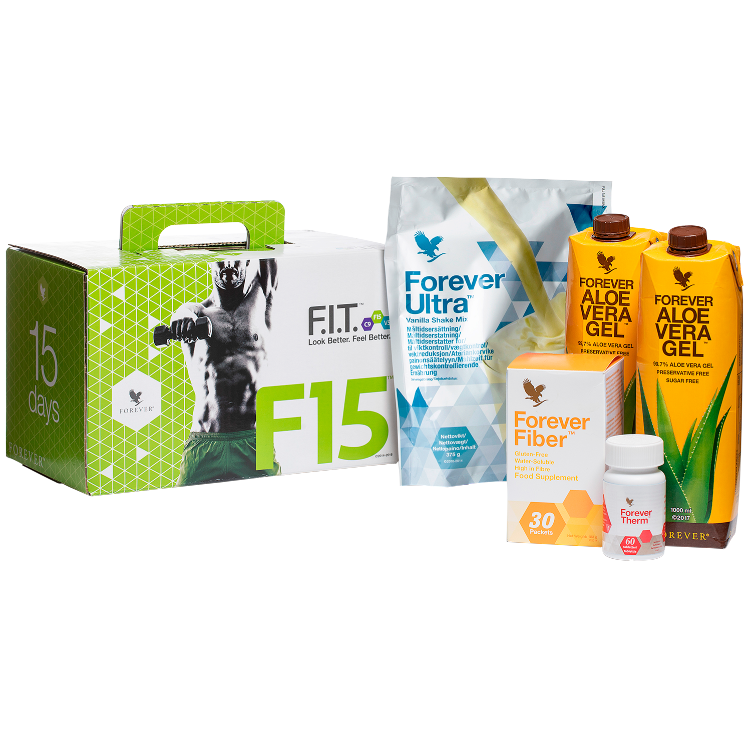 F15 is 3 diet and training programmes that give you a manual and tools to improve your health, as well as Forever Ultra, Therm, Fiber and Aloe Vera Gel.