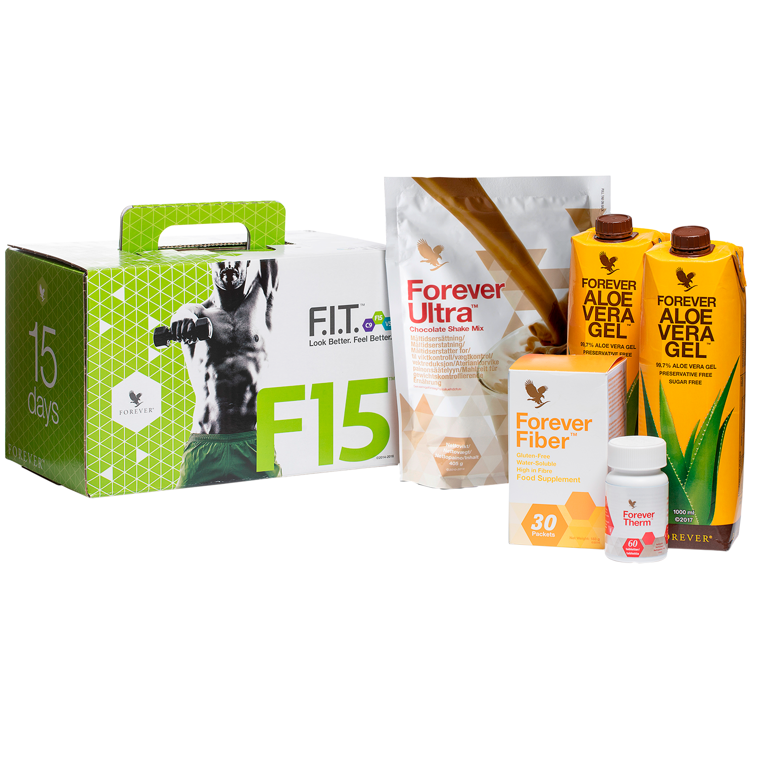 F15 is 3 diet and training programmes that give you a manual and tools to improve your health, as well as Forever Ultra, Therm, Fiber and Aloe Vera Gel.